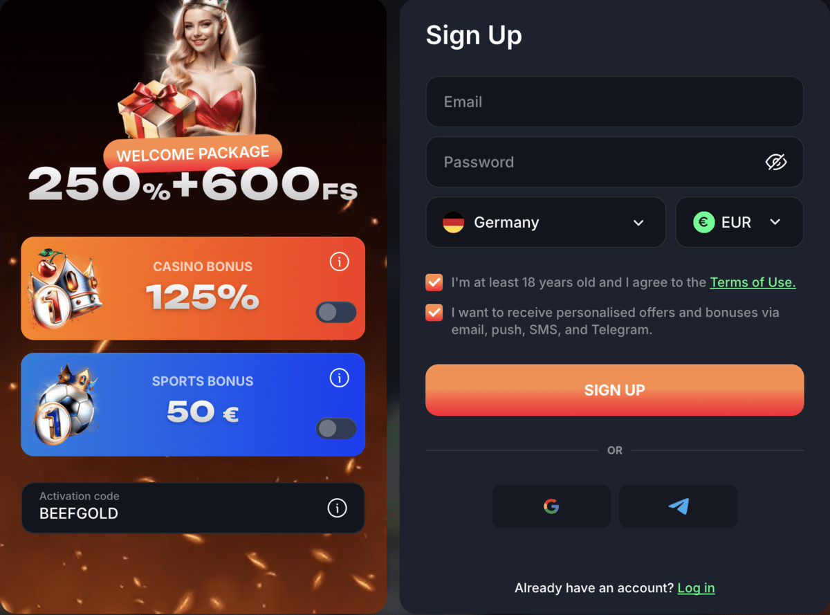 Beef Casino registration form showing the Activation code field where BEEFGOLD is entered for 100 no-deposit free spins